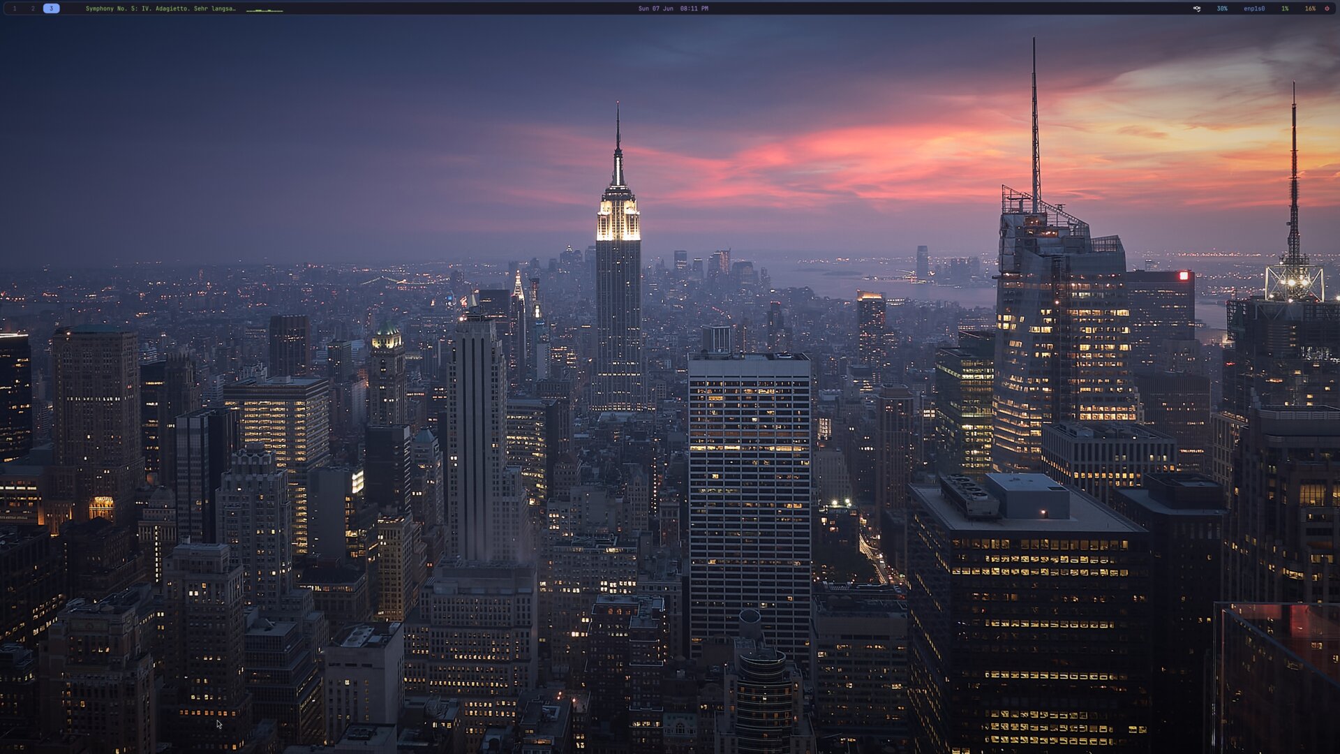 A niri desktop on Fedora 44 — Tokyo Night waybar over a New York City sunset wallpaper