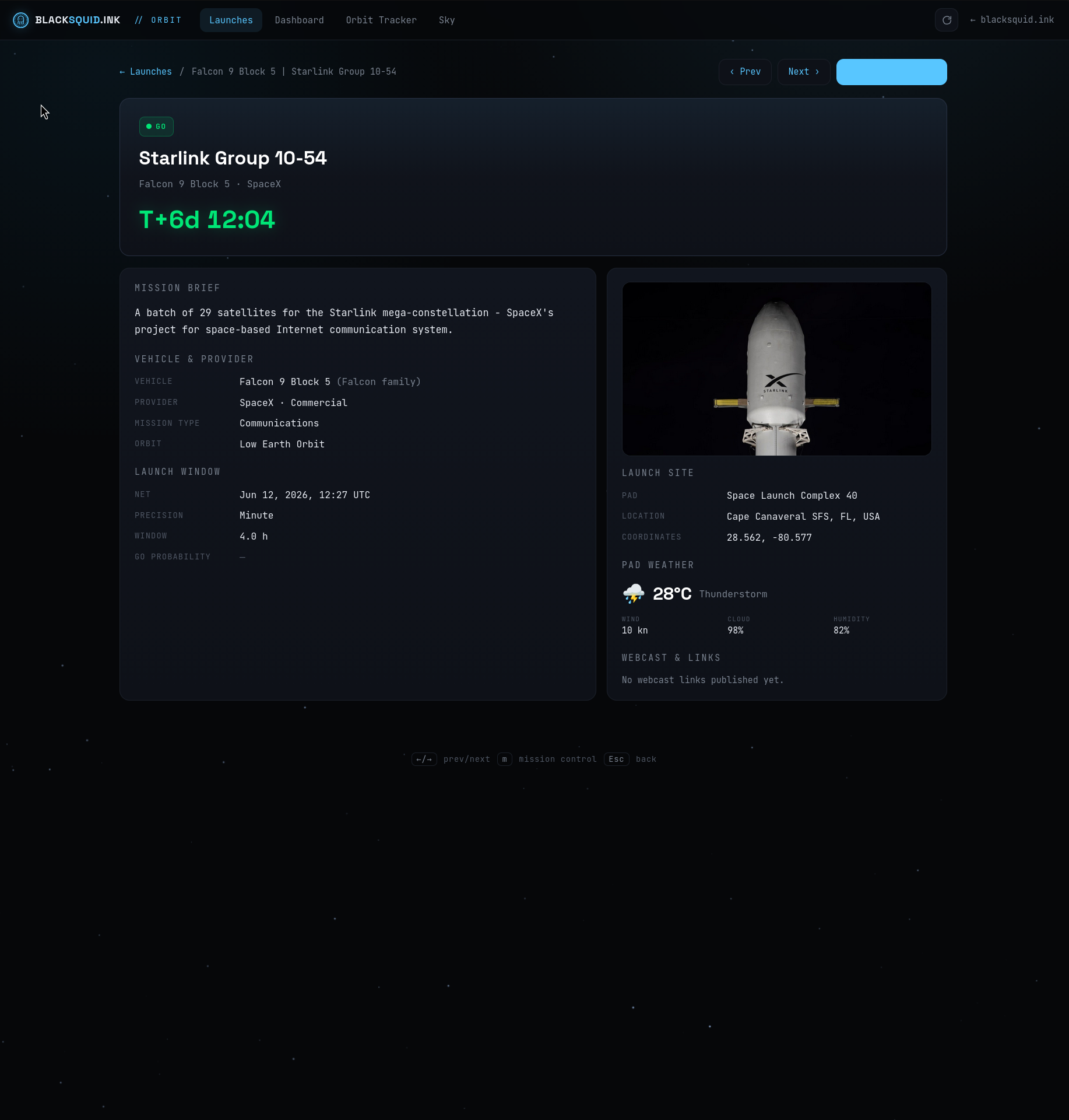 A launch detail page — mission brief, vehicle, launch site, and live pad weather