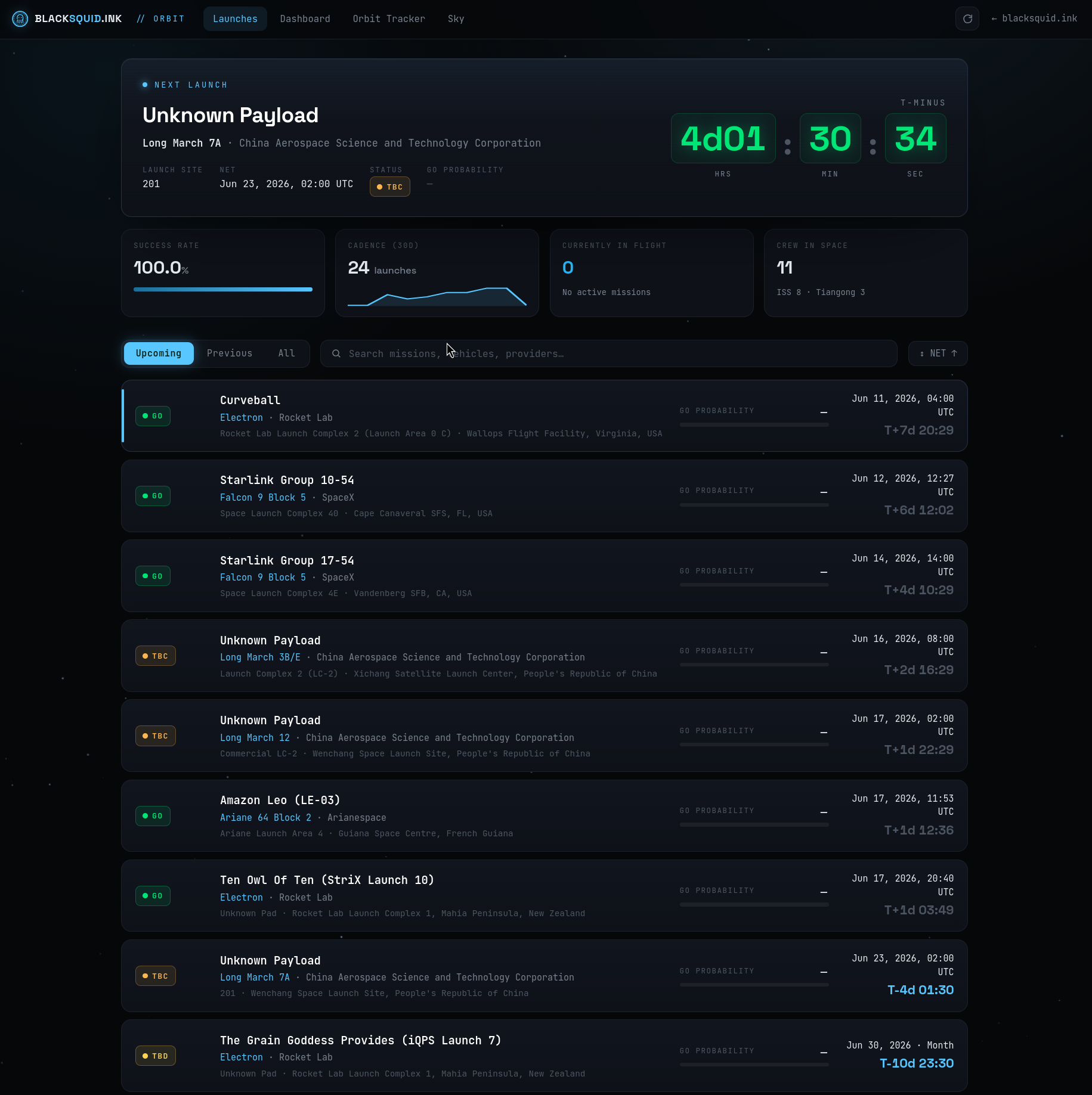 The Orbit launch board — next-launch flip-clock countdown, live stats, and the upcoming manifest