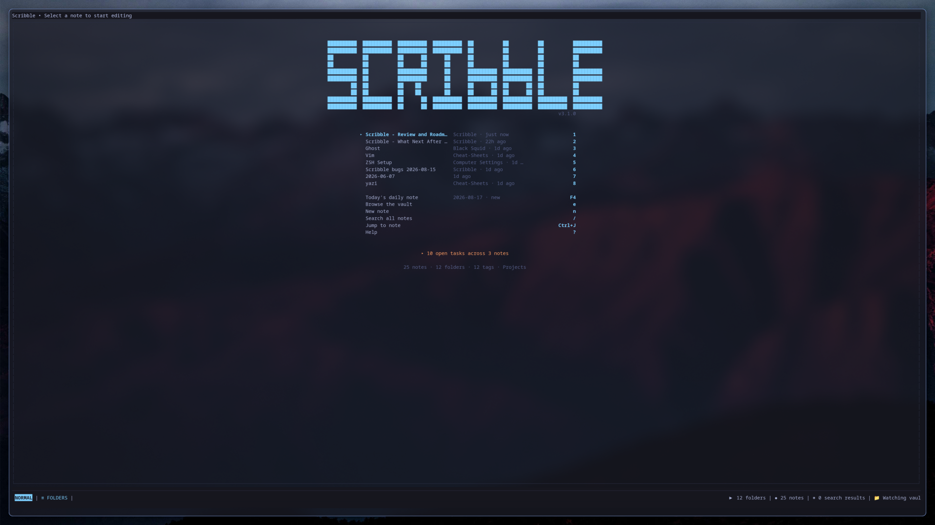 Scribble's landing page — recent notes, quick actions, and open task count